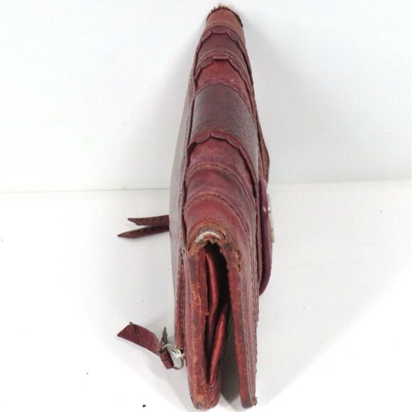 Vintage Fossil Key Scalloped Striped Leather Bifold Long Wallet Burgundy Rare - Picture 4 of 6